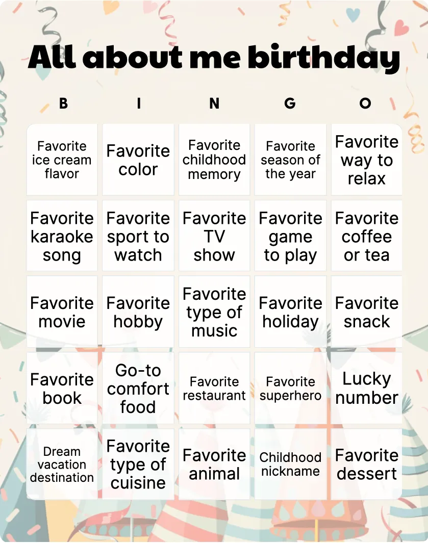 All about me birthday bingo card template