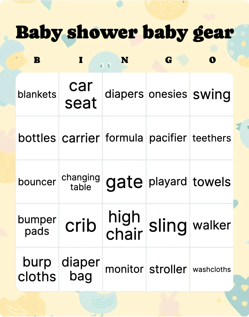 Baby shower baby gear bingo
