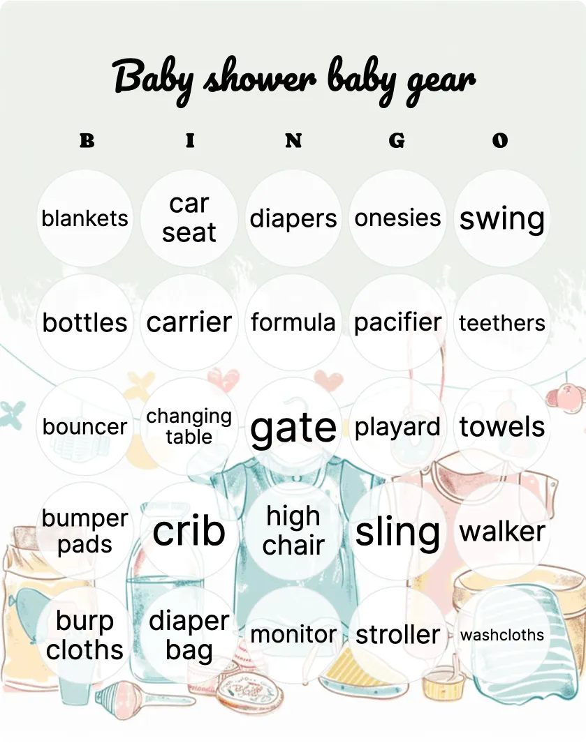 Baby shower baby gear bingo card template