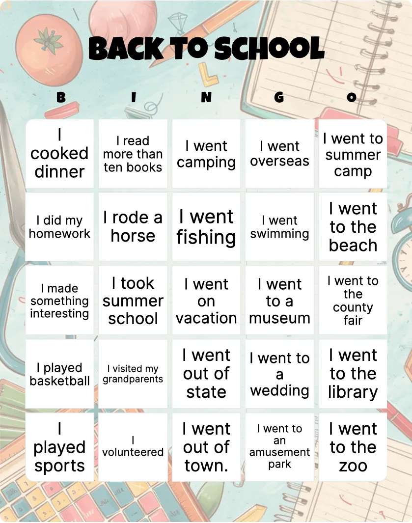 Back to school bingo card template