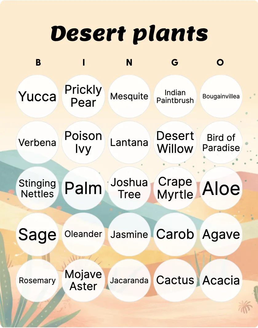 Desert plants bingo card template