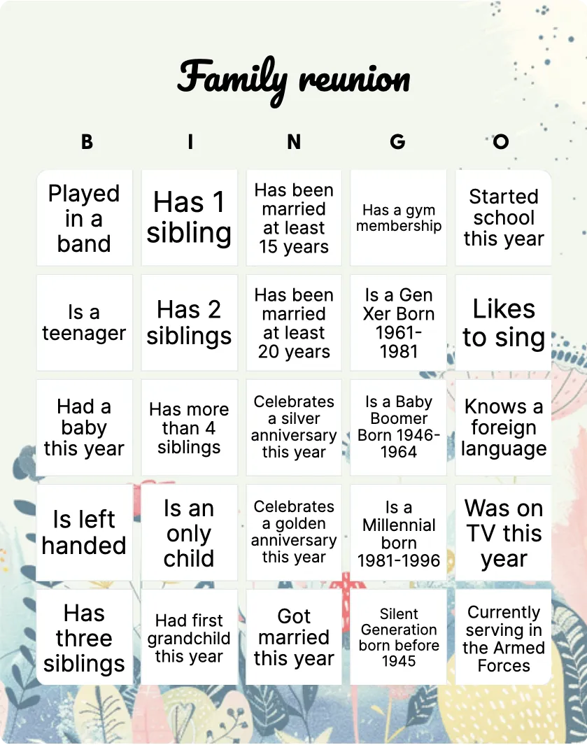 Family Reunion Bingo: Printable & Customizable - Bingo Card Creator