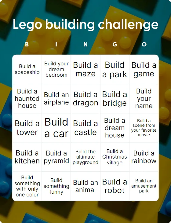 Lego building challenge bingo