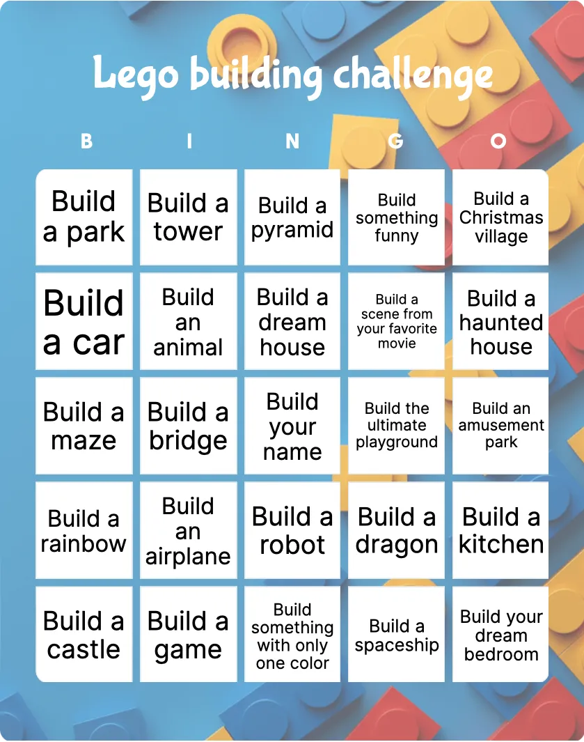 Lego building challenge bingo card template