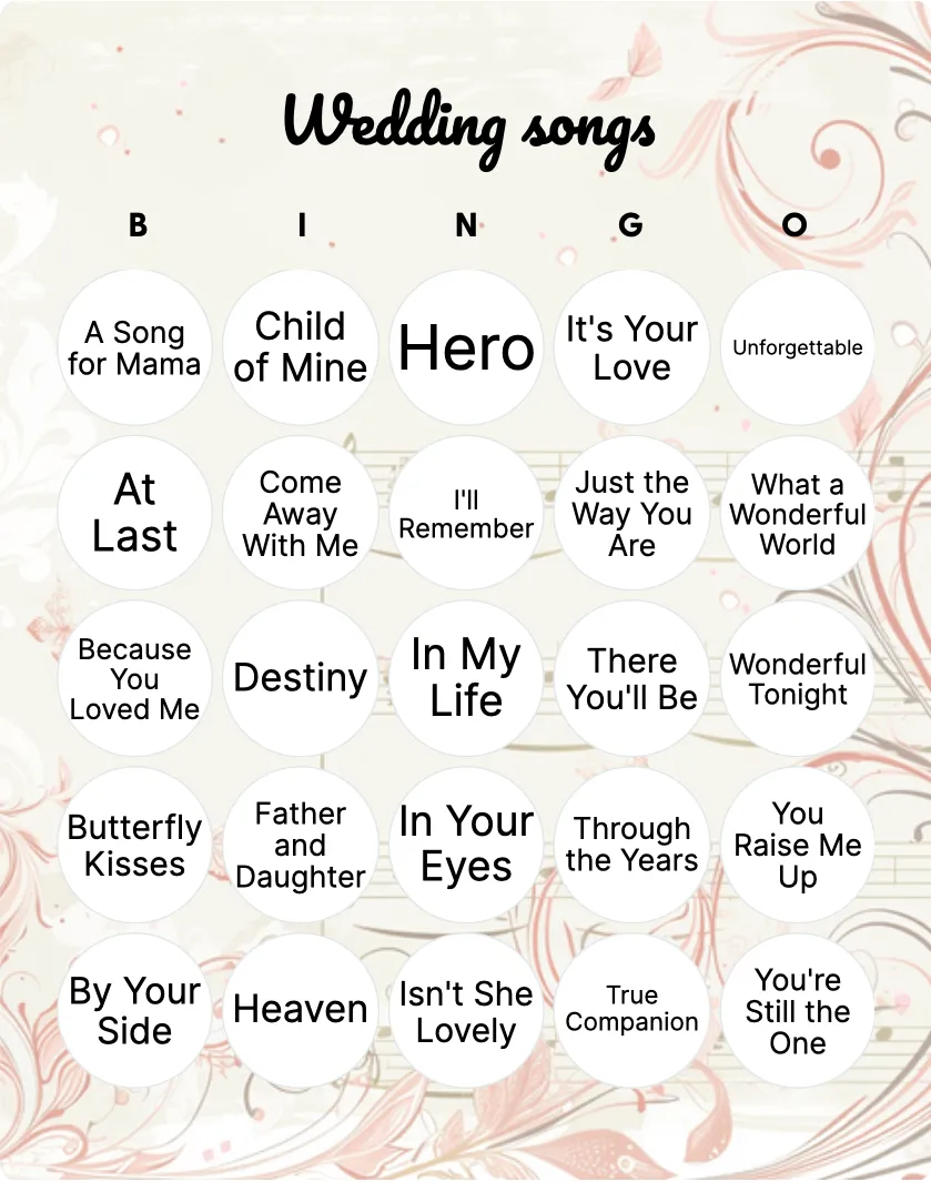 Wedding songs bingo card template