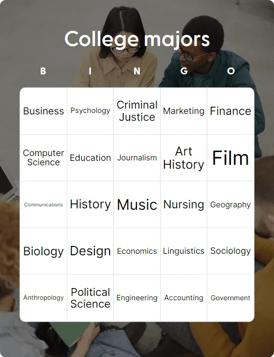 College majors bingo card template