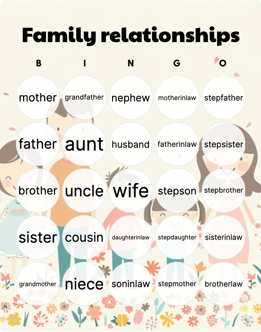 Family relationships bingo