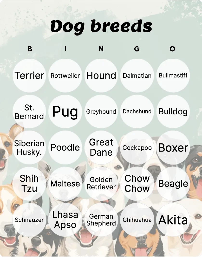 Dog breeds bingo card template