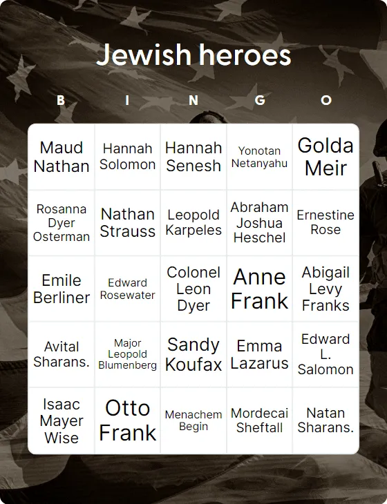 Jewish heroes bingo card template