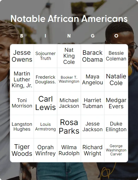 Notable African Americans bingo card template