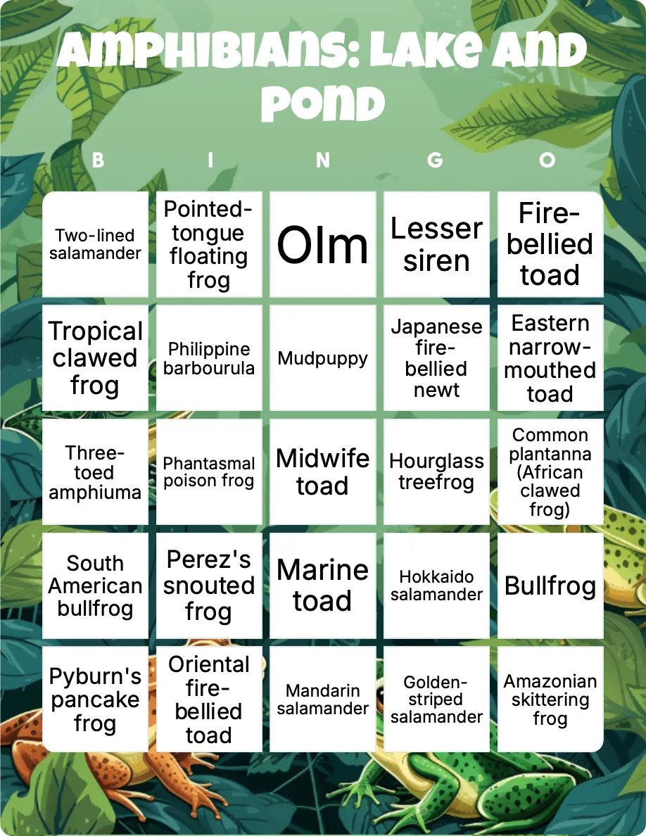 Amphibians: Lake and pond bingo card template