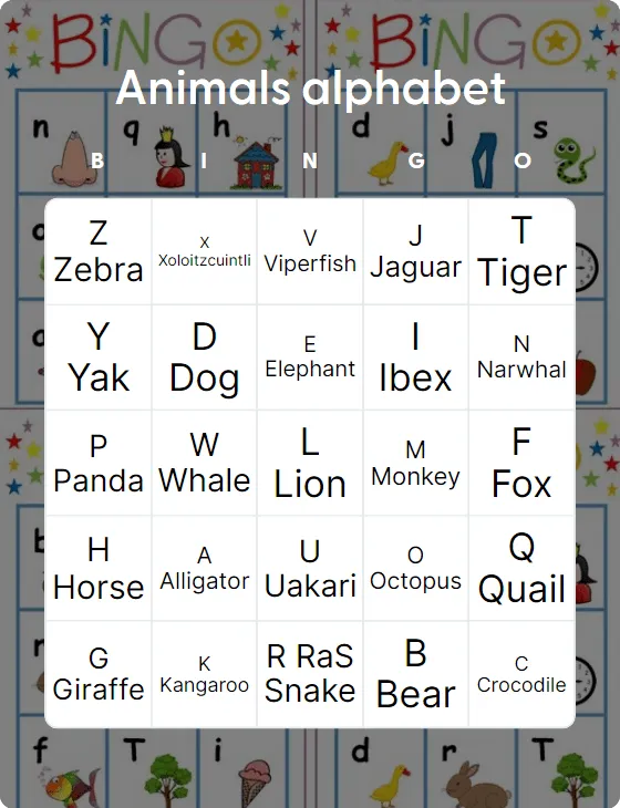 Animals alphabet bingo