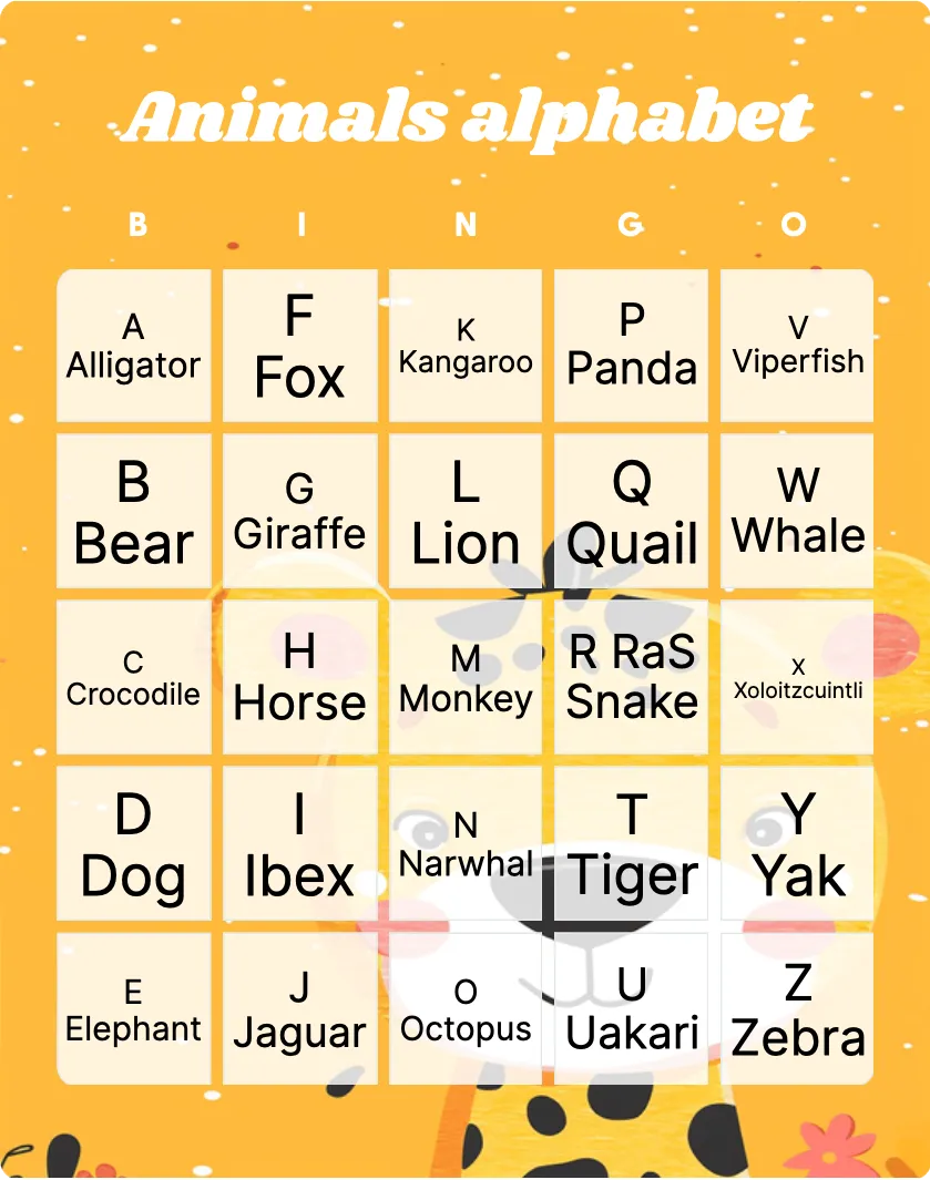 Animals alphabet bingo card template