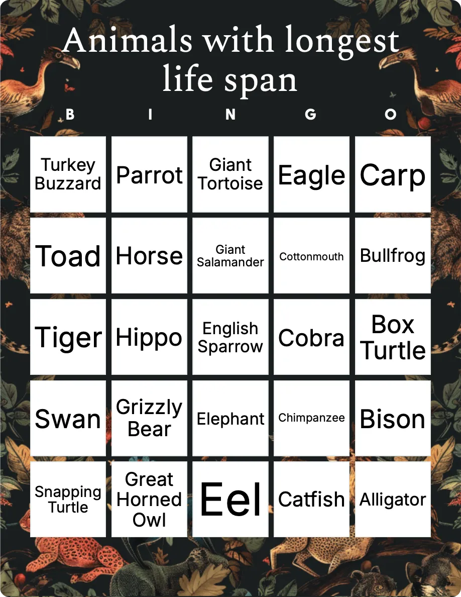 Animals with longest life span bingo