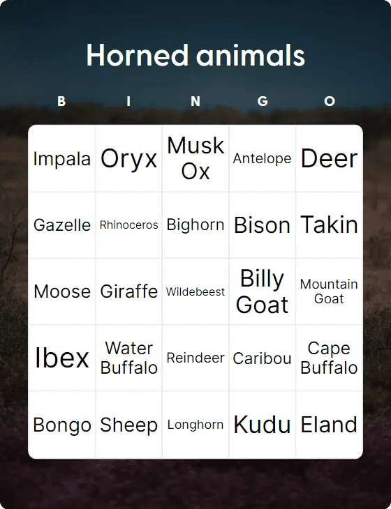 Horned animals bingo card template