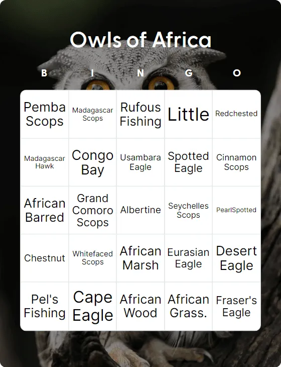 Owls of Africa bingo card template