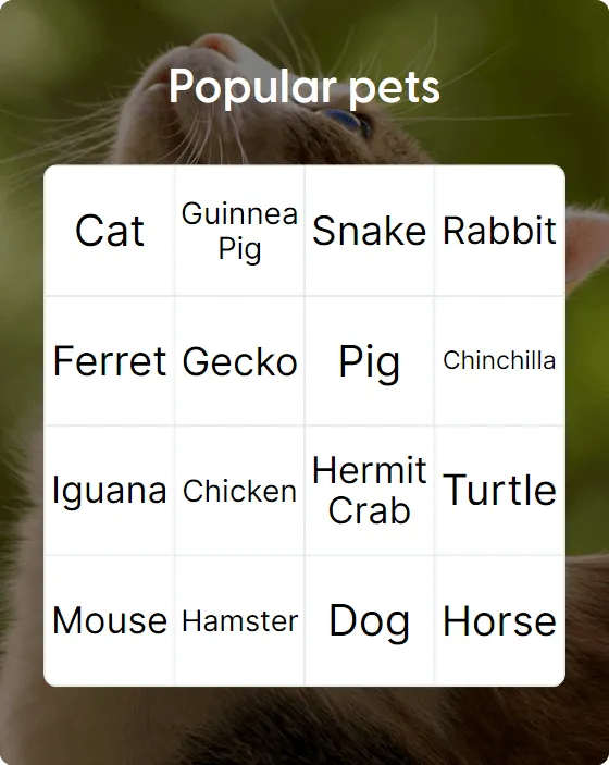 Popular pets bingo card template