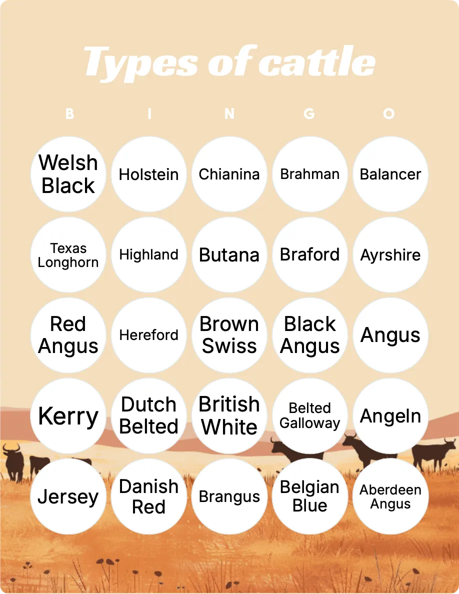 Types of cattle bingo card template