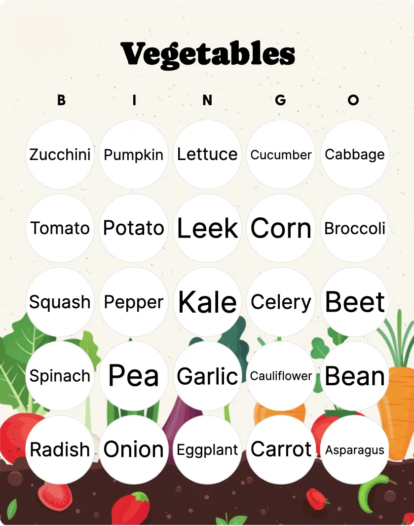 Vegetables bingo card template