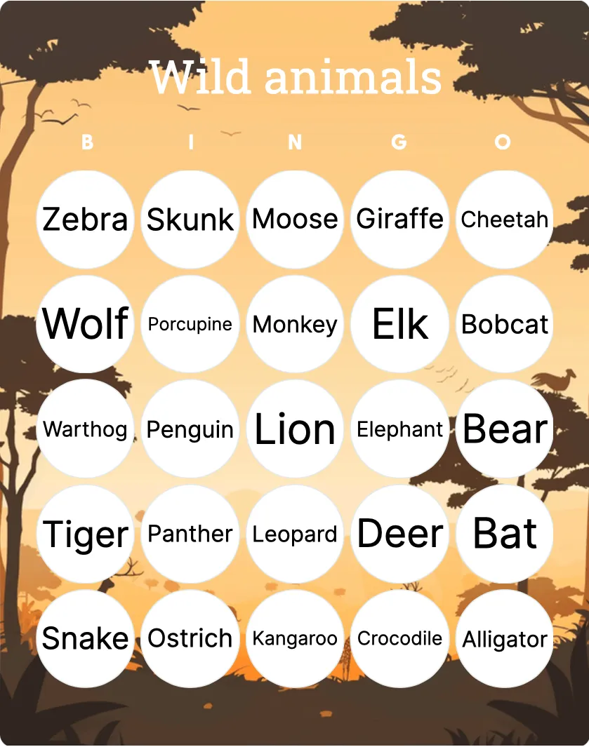 Wild animals bingo