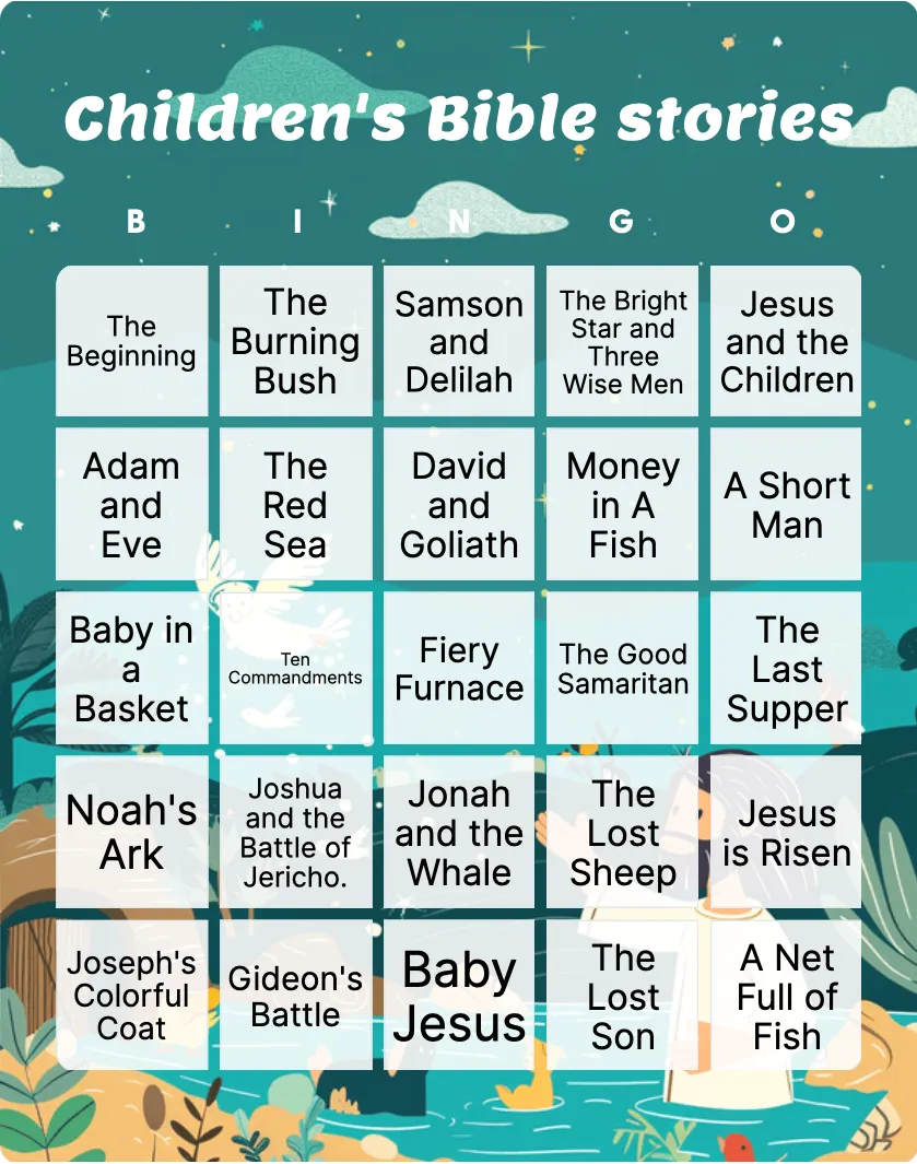 Children's Bible stories bingo card template