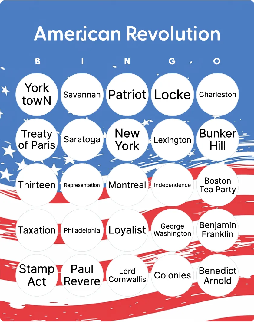 American Revolution bingo card template