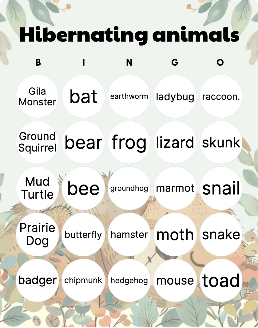 Hibernating animals bingo card template