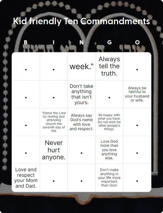 Kid friendly Ten Commandments bingo