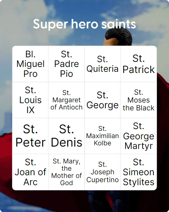 Super hero saints bingo card template