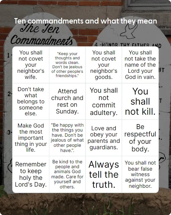 Ten commandments and what they mean bingo card template