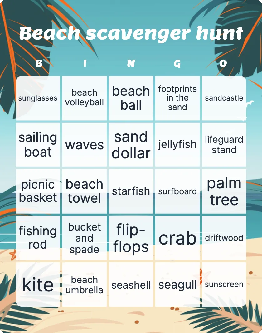 Beach scavenger hunt bingo card template