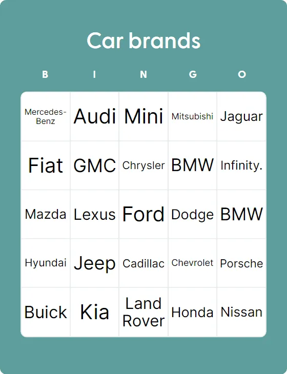 Car brands bingo