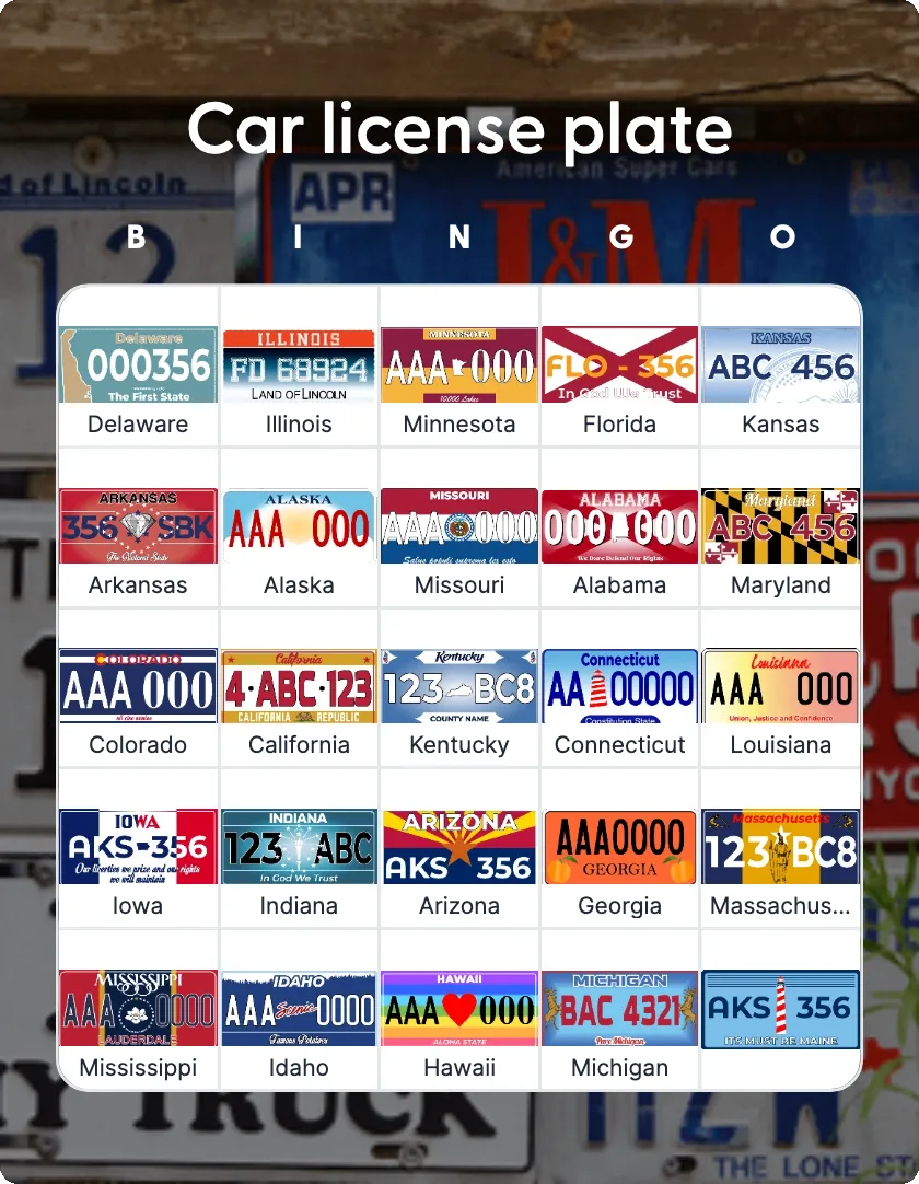 Car license plate bingo