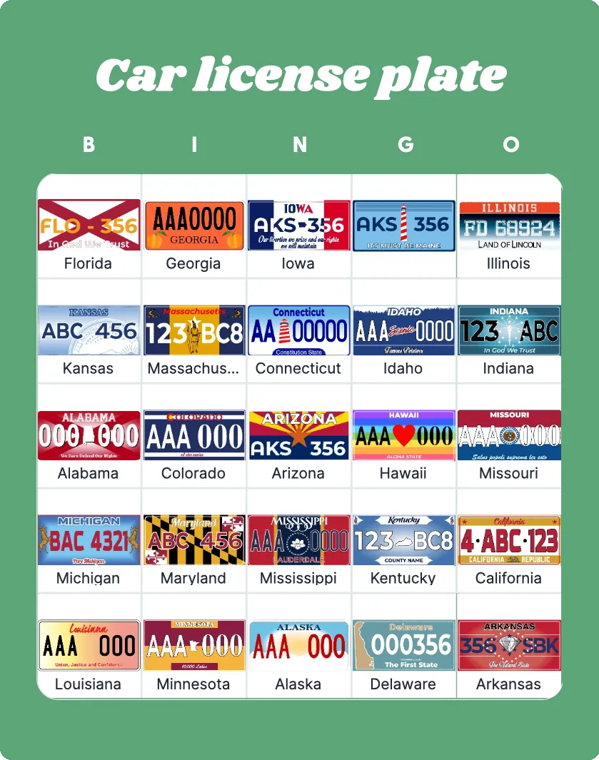 Car license plate bingo card template