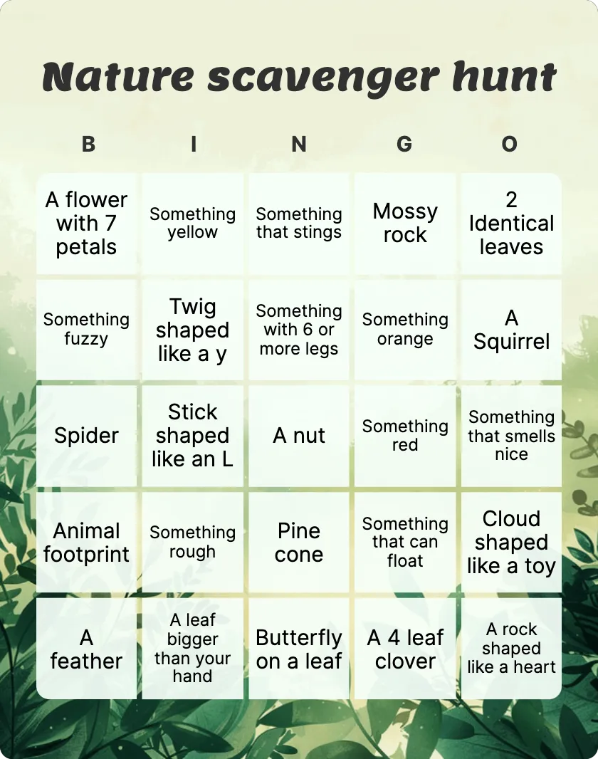 Nature scavenger hunt bingo