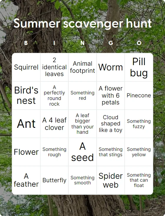 Summer scavenger hunt bingo card template