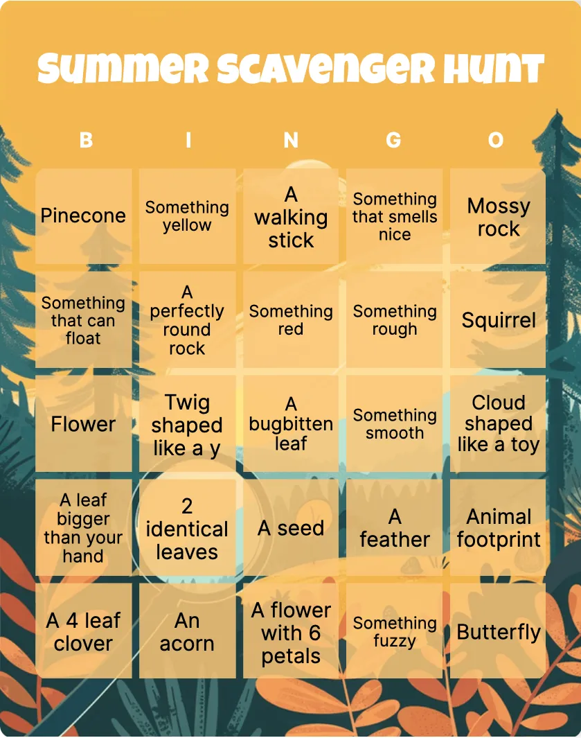 Summer scavenger hunt bingo