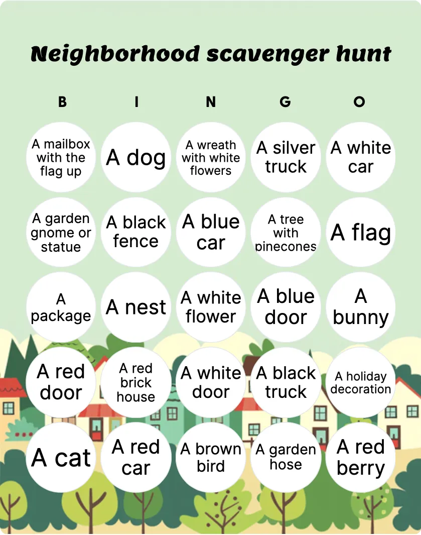 Neighborhood scavenger hunt bingo card template