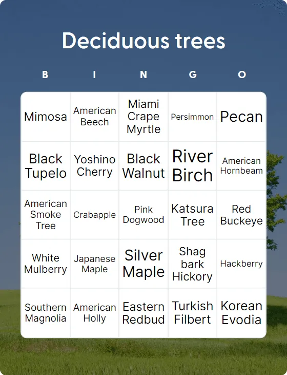 Deciduous trees bingo card template