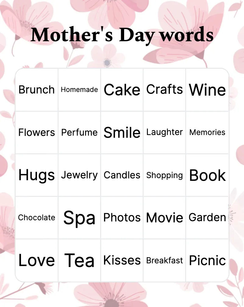 Mother’s Day words bingo
