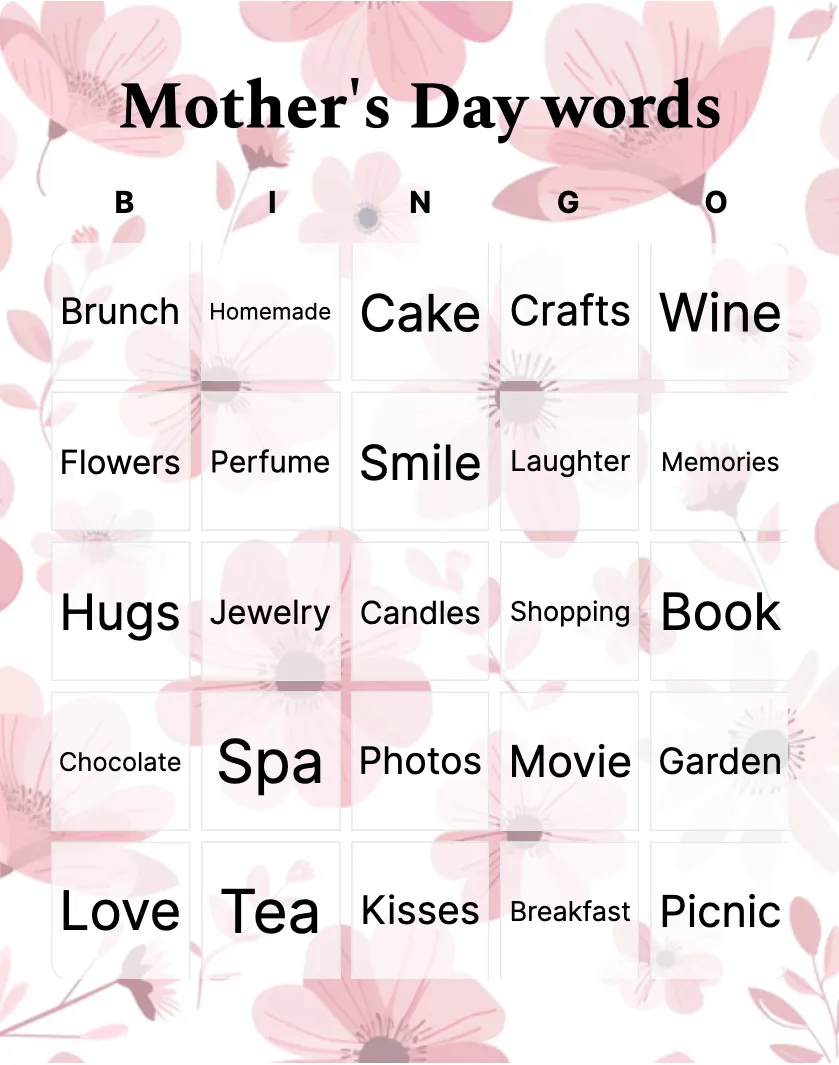 Mother's Day words bingo card template