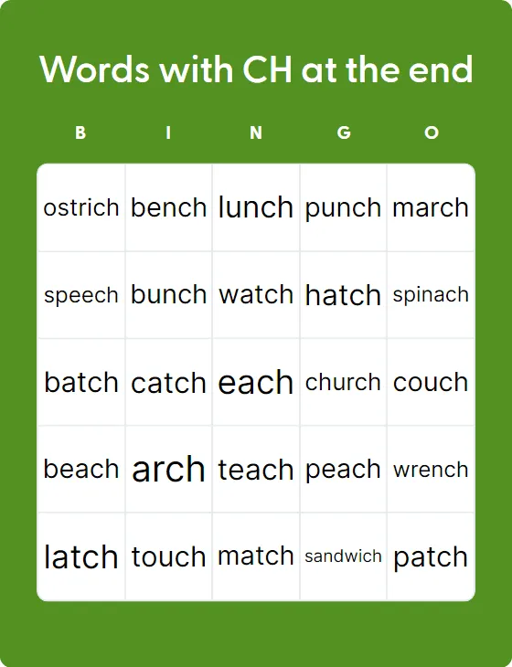 Words With CH At The End - Bingo Card Creator