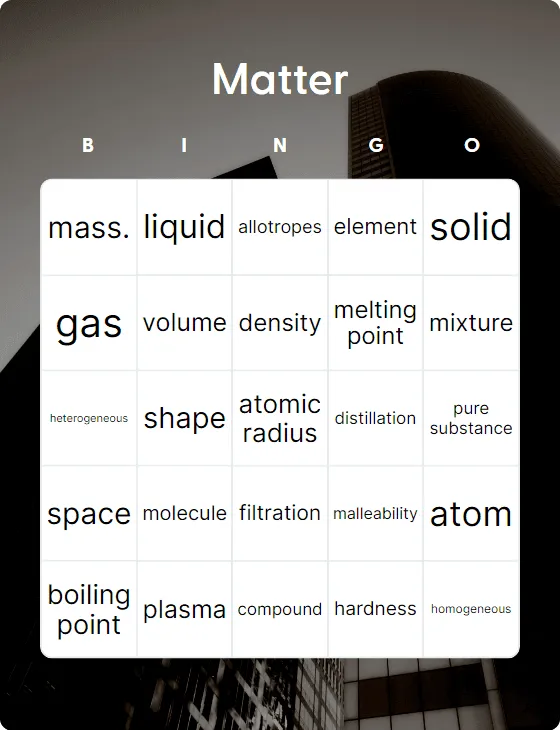 Matter bingo card template