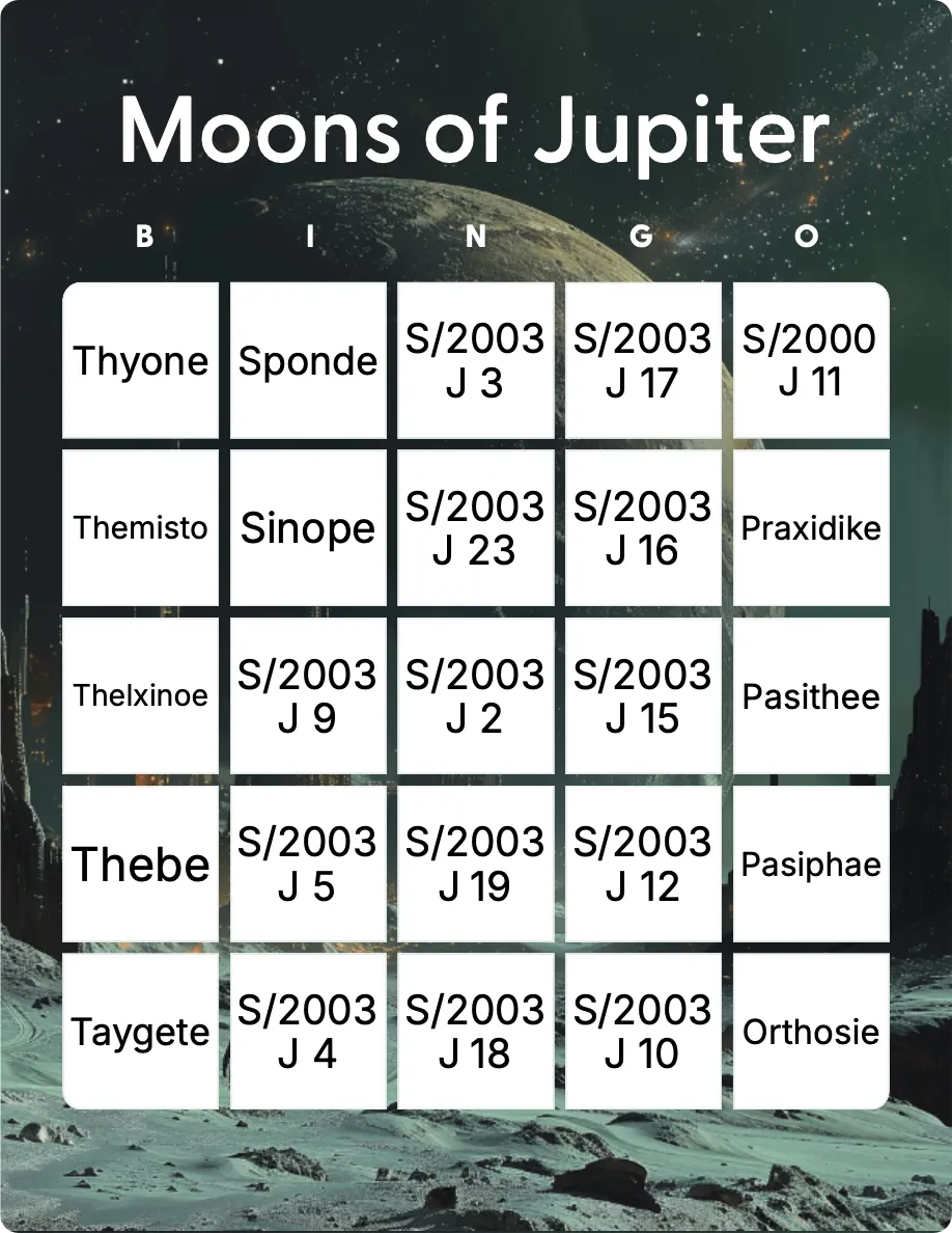 Moons of Jupiter bingo card template