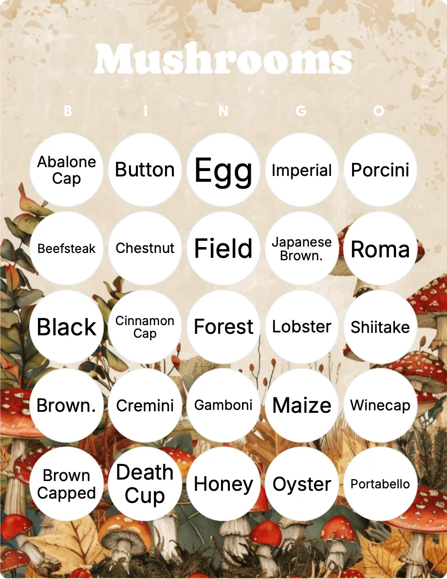 Mushrooms bingo card template