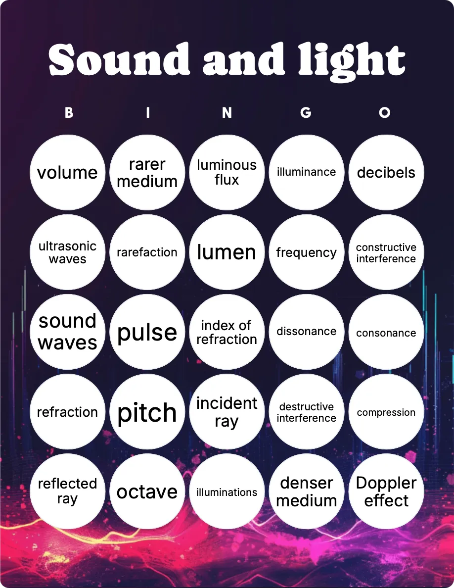 Sound and light bingo card template