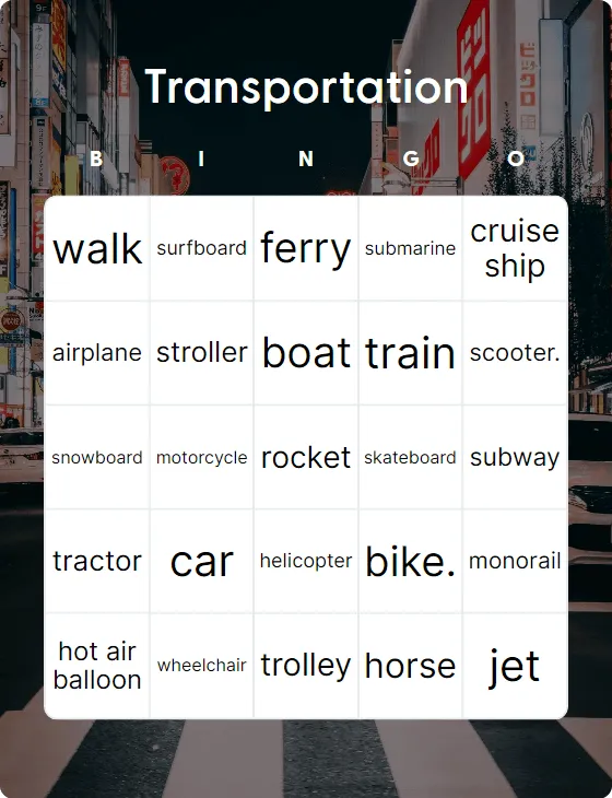 Transportation bingo