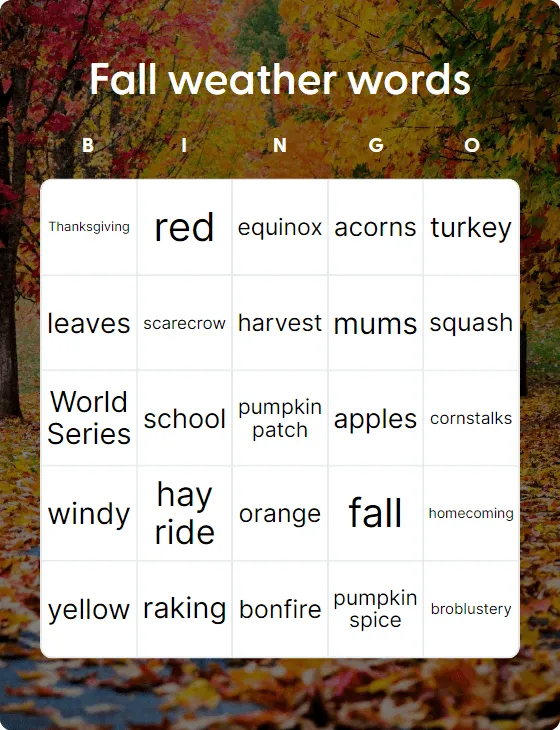 Fall weather words bingo