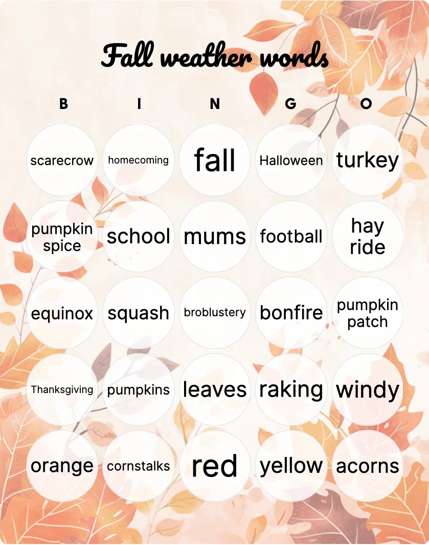 Fall weather words bingo card template