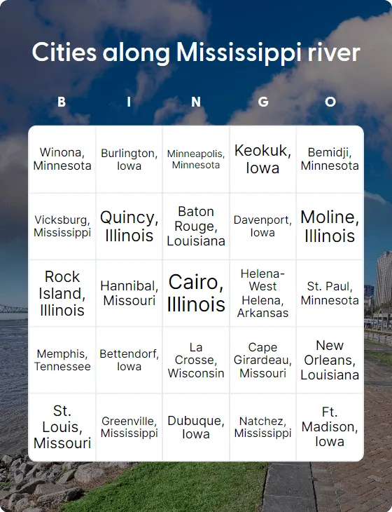 Cities along Mississippi river bingo